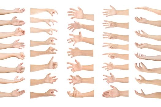 Collection of human hands in multiple gesture isolated on white background with clipping path. photo