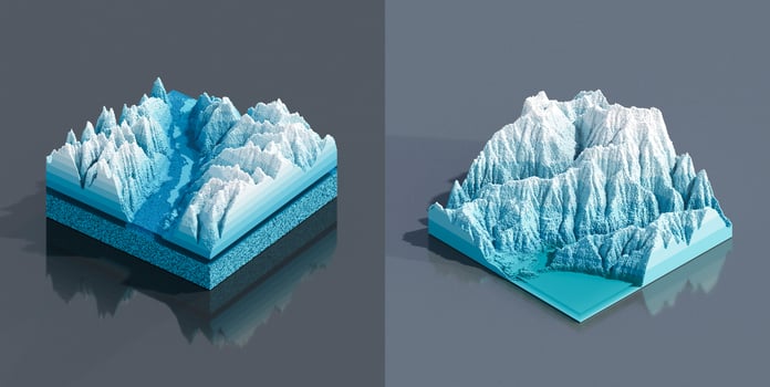 3D illustration voxels, Rocks, mountains and hills. Mountain peak iceberg. photo