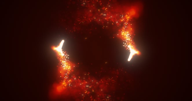 Abstract orange fiery lines and cyclic circles with energy magic sparks from particles, abstract background photo