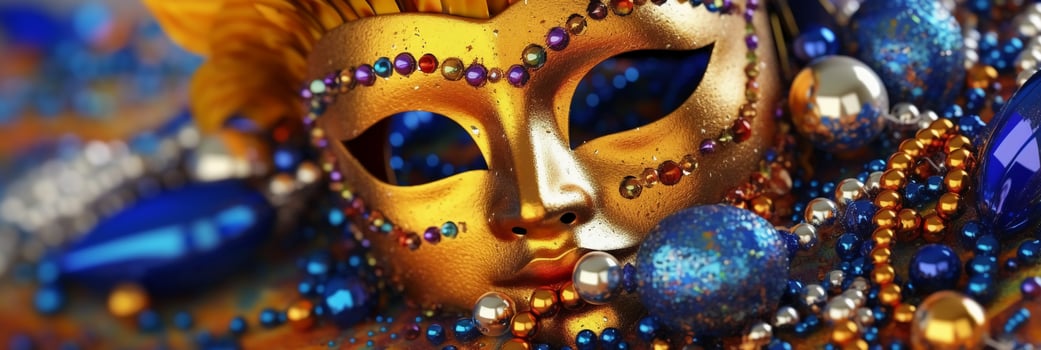 Venetian carnival mask and beads decoration. Mardi gras background. photo