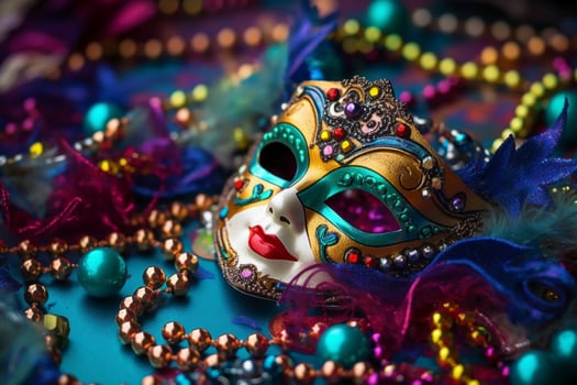 Venetian carnival mask and beads decoration. Mardi gras background. photo