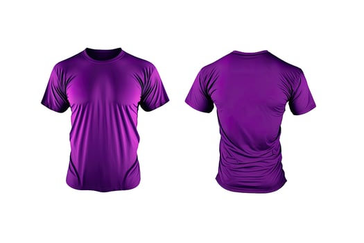 Photo realistic male purple t-shirts with copy space, front and back view.