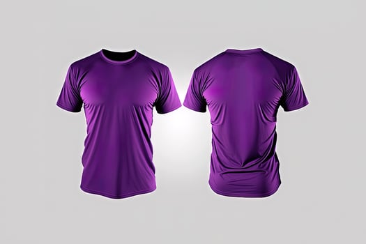 Photo realistic male purple t-shirts with copy space, front and back view.