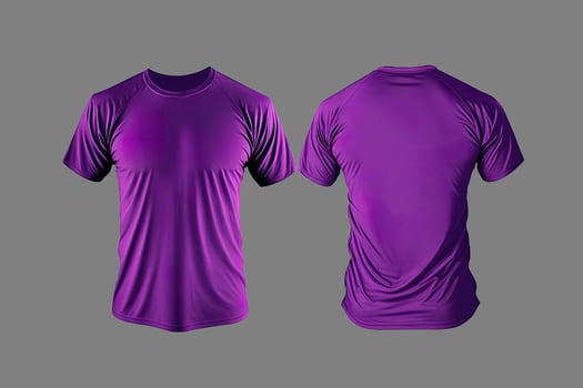 Photo realistic male purple t-shirts with copy space, front and back view.