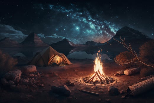 Night camping with bonfire and tent under clear starry sky and milky way. photo