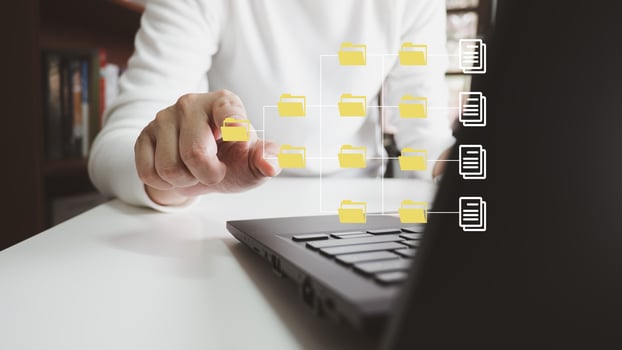 Officer using laptop manage files, Document Management System DMS, Online document database management, automated processes to manage system, ERP enterprise efficient, business technology. photo