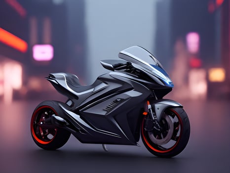 Futuristic concept motorbike in city background. photo