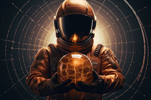 An astronaut holds a glowing ball in his hands. Mysterious background. photo