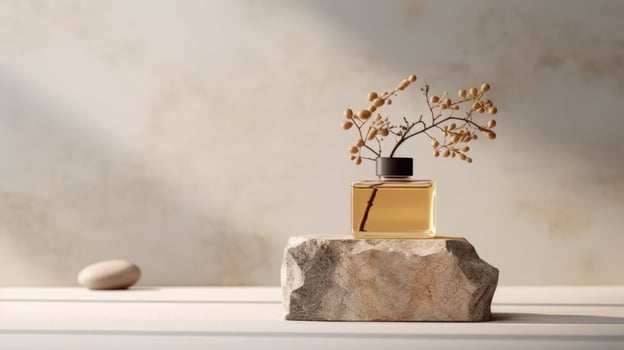Perfume bottle on natural stone background. Illustration photo