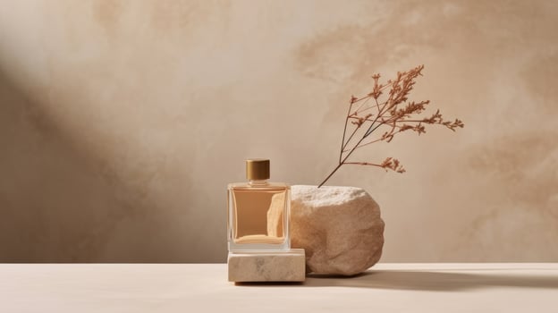 Perfume bottle on natural stone background. Illustration photo