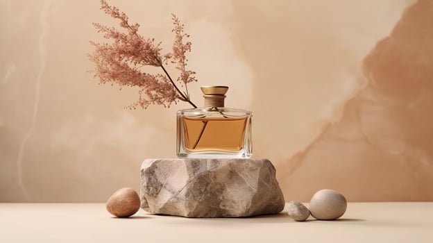 Perfume bottle on natural stone background. Illustration photo