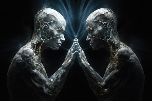 Two human soul silhouettes on dark background. photo