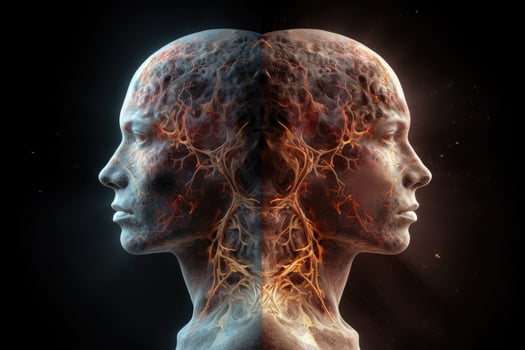 Two human soul silhouettes on dark background. photo