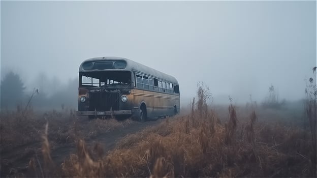 empty burnt bus on the road in a field in the fog. . photo