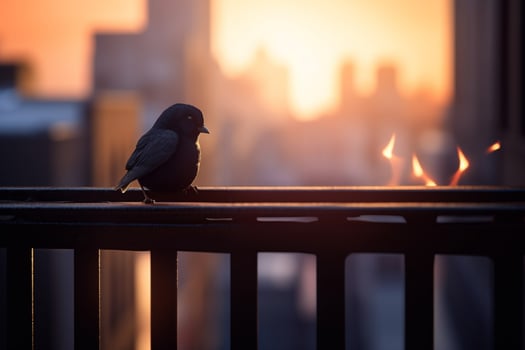 Wild bird perched on steel railing of fire escape, with urban skyline during sunset in background photo