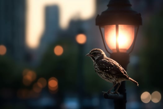 Urban Wildlife Majestic Bird on a City Lamp Post at Dusk photo