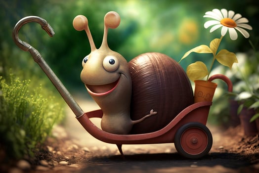 A funny snail with a wheelbarrow gardening in spring photo