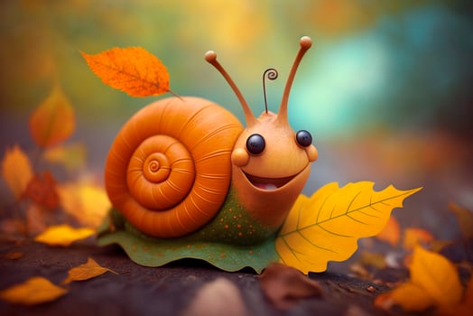 A funny fairytale snail in autumn between brown leaves photo