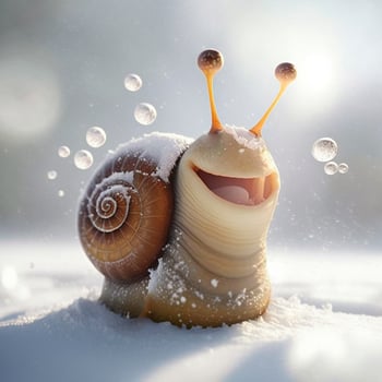 A funny happy Christmas snail in the snow photo