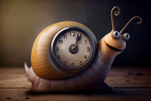 A funny happy snail with an alarm clock as a snail shell photo