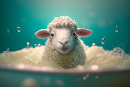 Cute and Funny Woolen Sheep in a Bathtub with Lots of Bubbles on Bath Day photo