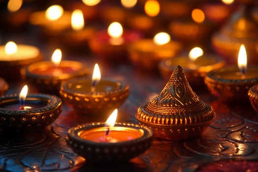 A Diya oil lamp, Diwali concept, blurred Hindu festival of lights celebration background. photo