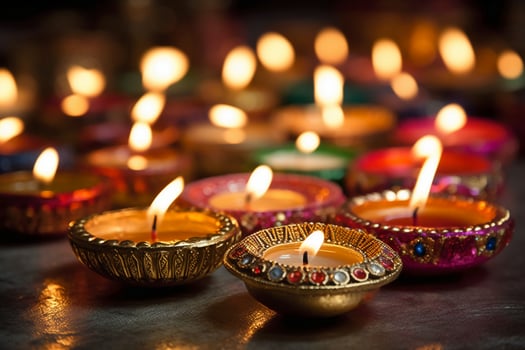 A Diya oil lamp, Diwali concept, blurred Hindu festival of lights celebration background. photo