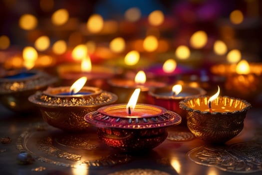 A Diya oil lamp, Diwali concept, blurred Hindu festival of lights celebration background. photo