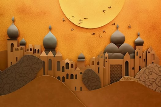 Ochre color background paper texture, Eid al adha mosque, lamb, kareem lantern painting at the top left and bottom right. photo