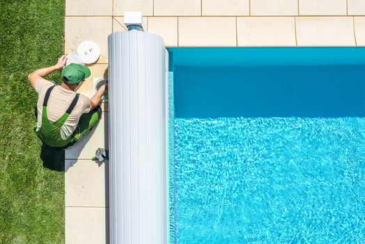 Outdoor Swimming Pool Skimmer Filter Cleaning Aerial View photo