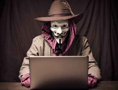 Anonymous hacker with crazy and weird fashion and steampunk style. Concept of hacking cybersecurity, cybercrime, cyberattack, etc. image photo