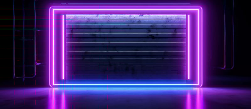 striking design features a unique combination of blue and purple neon lights against a black background, with reflective concrete adding a touch of texture and depth photo