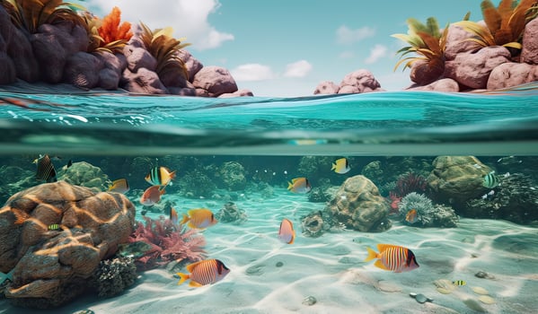 Tropical Island And Coral Reef - Split View With Waterline. Beautiful underwater view of lone small island above and below the water surface in turquoise waters of tropical ocean. . photo