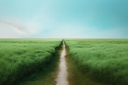 The landscape of grass fields and blue sky road leading off into the distance. . photo