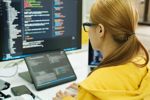 Close up programmer is coding and programming software. photo