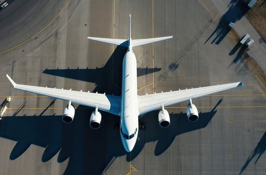 A top aerial view of an airport terminal and runway with parked commercial airplanes being loaded with supplies and passengers. Business and travel. . photo
