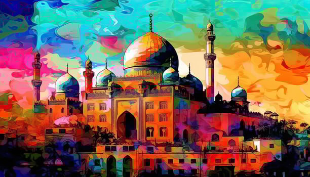 water color painting Arabic Islamic Typography design Mawlid al-Nabawai al-Sharif greeting card with dome and minaret of the Prophet's Mosque. photo