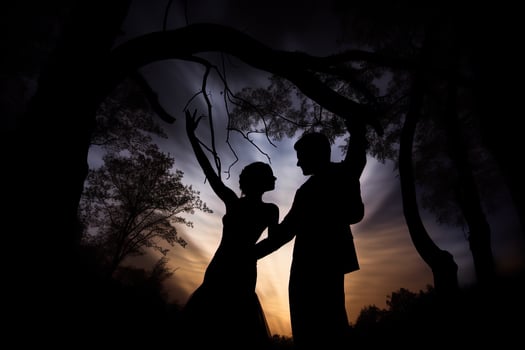 Silhouette of a romantic couple dancing and enjoying in the dark. photo
