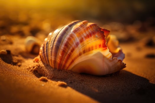Shell on sand at beach. Summer seascape background. photo