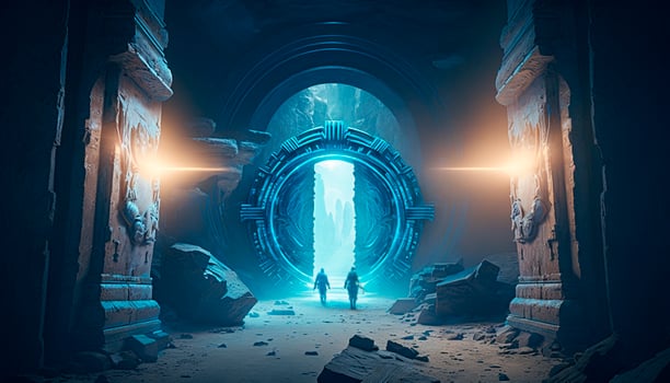 Juxtaposition of Time Ancient Ruins Meet Futuristic Time-Travel Portal photo