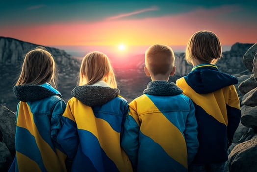 Futures of Freedom Children with Ukrainian Flags Gazing at Sunset, a Hopeful Symbol of a Brighter Tomorrow photo