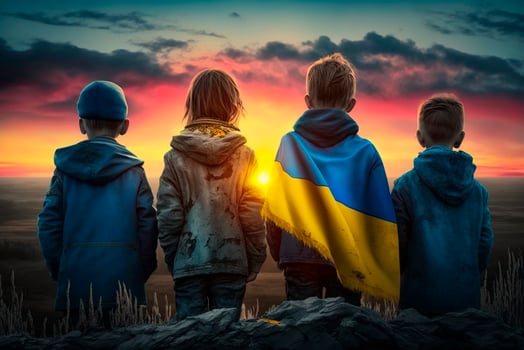 Futures of Freedom Children with Ukrainian Flags Gazing at Sunset, a Hopeful Symbol of a Brighter Tomorrow photo