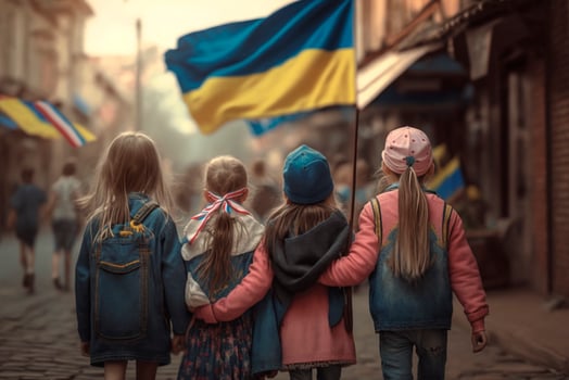 Marching for Liberty Children Carrying Ukrainian Flags Through the Streets as a Symbol of Freedom photo