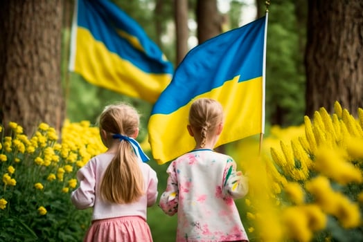 Freedom in Bloom Children Walking with Ukrainian Flags through a Yellow Flower Field as a Symbol of Hope photo