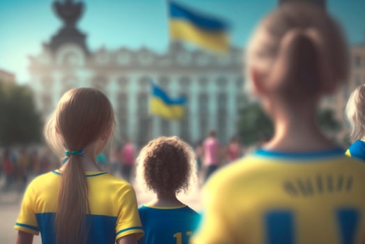Ukrainian Flag-Waving Kids at Public Squares A Symbol of Freedom photo