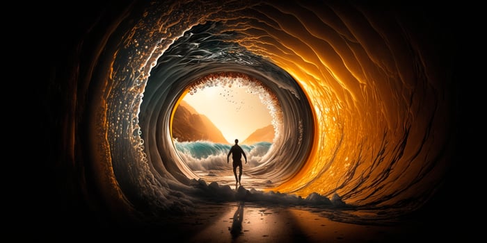 Illustration Looking through a dramatic ocean wave at sunset content photo