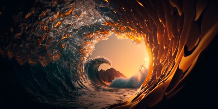 Illustration Looking through a dramatic ocean wave at sunset content photo