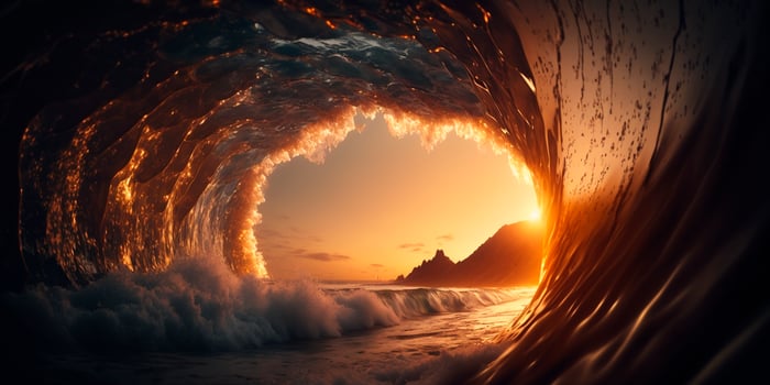 Illustration Looking through a dramatic ocean wave at sunset content photo