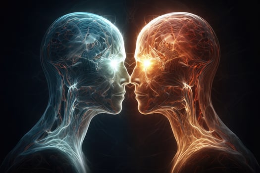 Two human soul silhouettes on dark background. photo