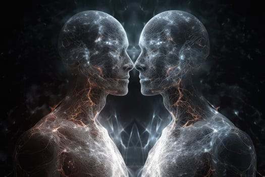 Two human soul silhouettes on dark background. photo